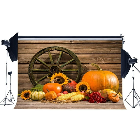 ABPHOTO Polyester 7x5ft Autumn Harvest Backdrop Vintage Old Wheel and Pumpkin Backdrops Sunflower Retro Stripes Wood Floor Photography Background for Kids Adults Thanksgiving Day Photo Studio Props