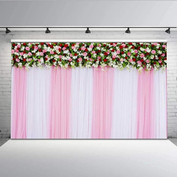 ABPHOTO Polyester 7x5ft Backdrop Colorful Flowers White and Pink Strip Curtain Floral Backdrop for Studio Props