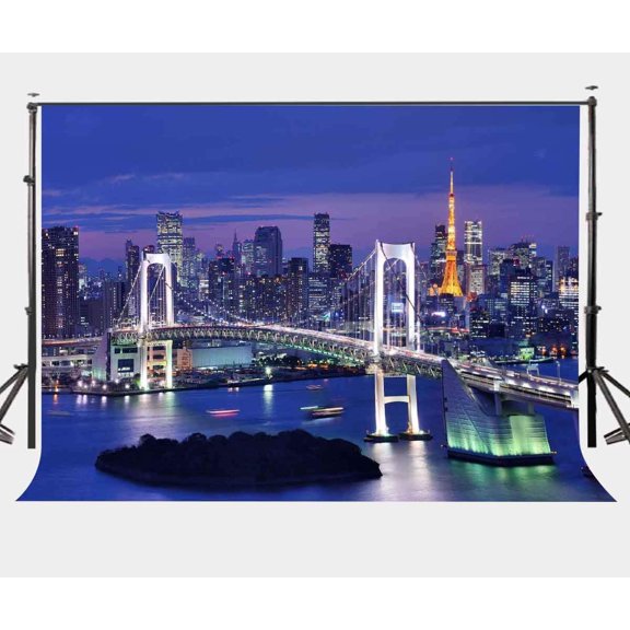 ABPHOTO Polyester 7x5ft Beautiful City Night View Backdrop Modern Viaduct Bridge Tokyo Tower Photography Background