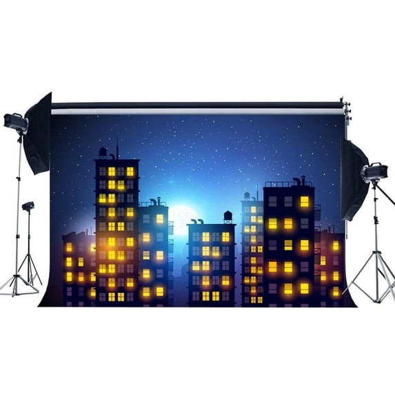 ABPHOTO Polyester 7x5ft Cartoon Backdrop Creative Skyscraper Modern Blue Sky Twinkle Starry Night Shining Moon Photography Background for Baby Shower Boys Happy Birthday Party Photo Studio Props