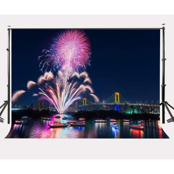 ABPHOTO Polyester 7x5ft Colorful Fireworks Night View Backdrop Tokyo Rainbow Bridge Photography Background Weeding Party 2018 Celebration Party Props