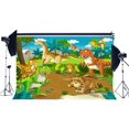thumbnail image 1 of ABPHOTO Polyester 7x5ft Dinosaur Backdrop for Photography Zoo Trees Green Grass Meadow Blue Sky White Cloud Cartoon Background Sweet Baby Shower Boys Kids Happy Birthday Party Photo Studio Props, 1 of 3