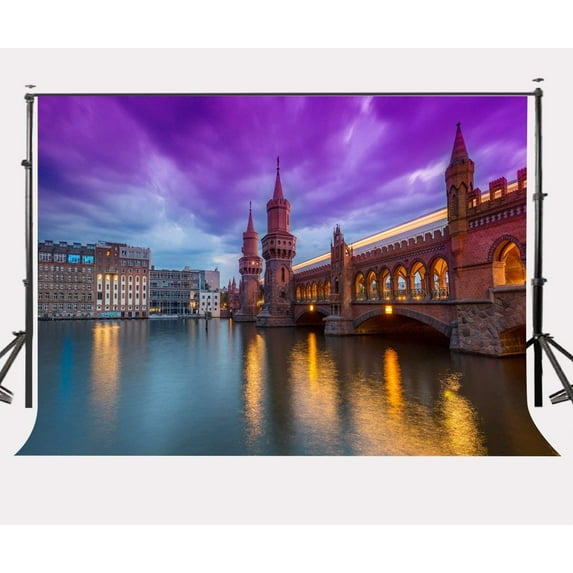 ABPHOTO Polyester 7x5ft Early Morning City View Backdrop Modern Bridge Background Ultra Violet Color Sky Background