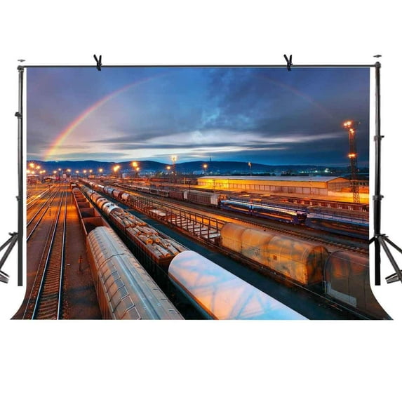 ABPHOTO Polyester 7x5ft Evening Train Station Backdrop Evening Freight Train Dock Station Photography Background and Studio Photography Backdrop Props