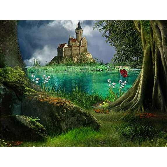 ABPHOTO Polyester 7x5ft Fairytale Backdrops Castle Lake Trees Forest Background Photography Fantasy Backdrop For Photoshoot