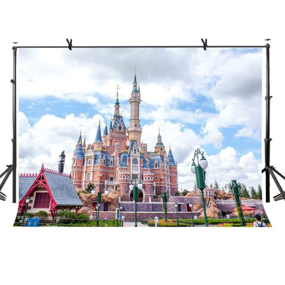 ABPHOTO Polyester 7x5ft Fairytale Castle Backdrop Blue Sky White Clouds Fairy Tale Castle Photography Background and Studio Photography Backdrop Props