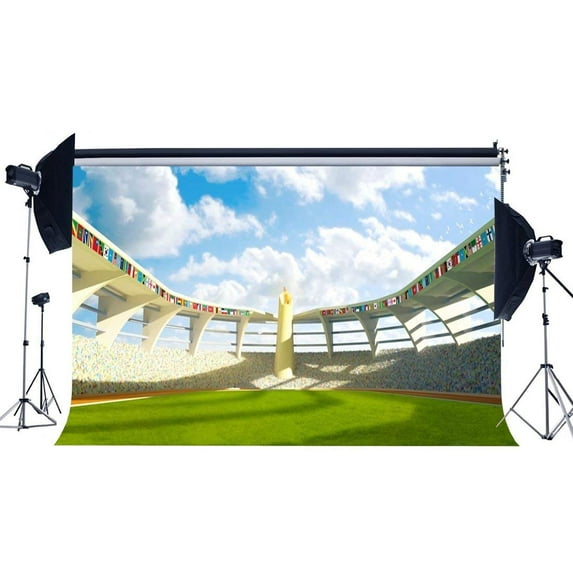 ABPHOTO Polyester 7x5ft Football Field Backdrop Stadium Blue Sky White Cloud School Game Backdrops Sunshine Green Grass Meadow Sports Match Photography Background for Kids Boys Photo Studio Prop YX421