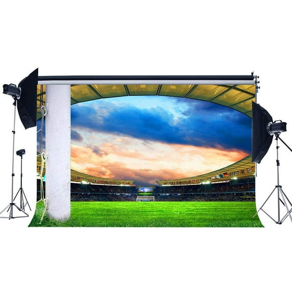 ABPHOTO Polyester 7x5ft Football Field Backdrop Stadium Stage Lights Crowd Green Grass Meadow White Pillars Sports Match Photography Background for Boys School Game Sport Meeting Photo Studio Props