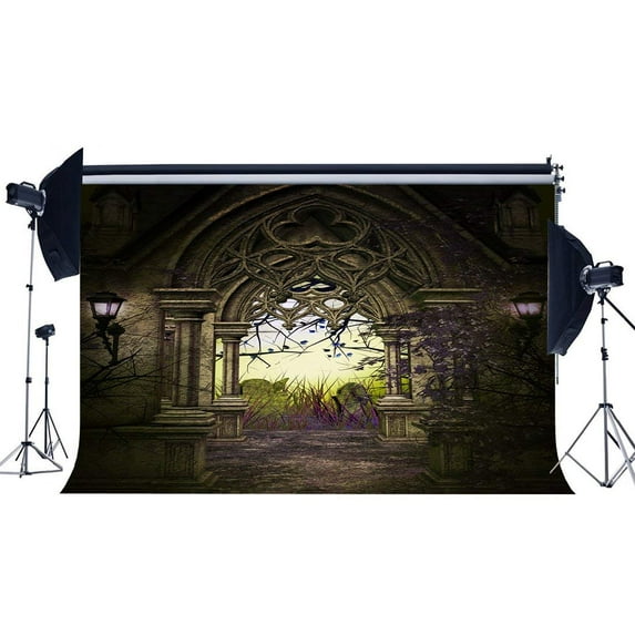 ABPHOTO Polyester 7x5ft Gothic Backdrop Old Castle Garden Arch Door Lantern Tree Gloomy Scary Night View Happy Halloween Party Photography Background Kids Adults Masquerade Photo Studio Props