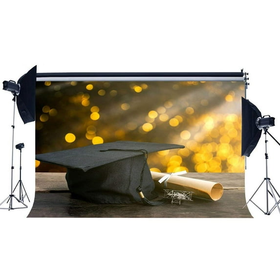 ABPHOTO Polyester 7x5ft Graduation Ceremony Backdrop Diploma Trencher Cap Backdrops Bokeh Glitter Sequins Gloomy Wood Floor Photography Background for Boys Girls School Show Photo Studio Props