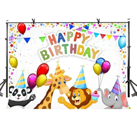 ABPHOTO Polyester 7x5ft Happy Birthday Backdrop Cute Cartoon Animal Birthday Party Photography Background and Birthday Party Background Props