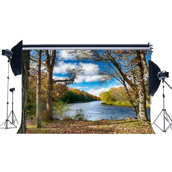 ABPHOTO Polyester 7x5ft Nature Autumn Backdrop Falling Leaves Backdrops River Jungle Forest Trees Blue Sky White Cloud Photography Background for Kids Baby Hiking and Picnic Photo Studio Props