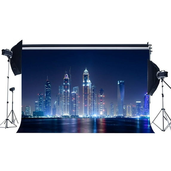 ABPHOTO Polyester 7x5ft New York Cityscape Night View Backdrop Skyscraper Backdrops Bokeh Lights River Interior Decoration Photography Background for Girls Baby Wedding Tourism Photo Studio Props