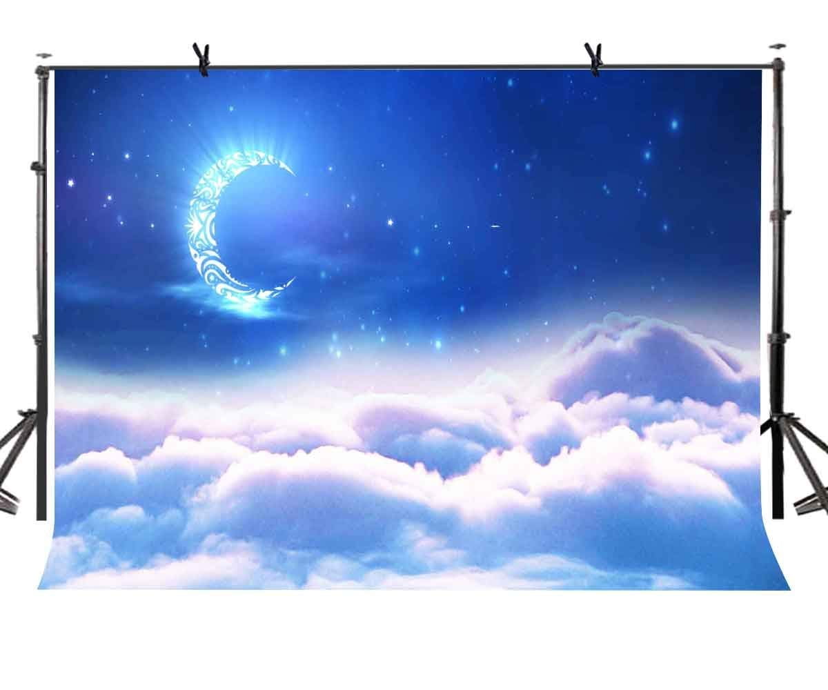 ABPHOTO Polyester 7x5ft Night Sky Backdrop Moon Stars Blue Beautiful