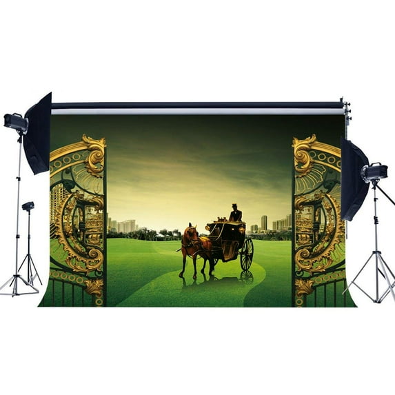 ABPHOTO Polyester 7x5ft Old Carriage Backdrop Luxurious Golden Gate Backdrops European Royal Castle Countyard Green Grass Meadow Photography Background for Girls Princess Wedding Photo Studio Props