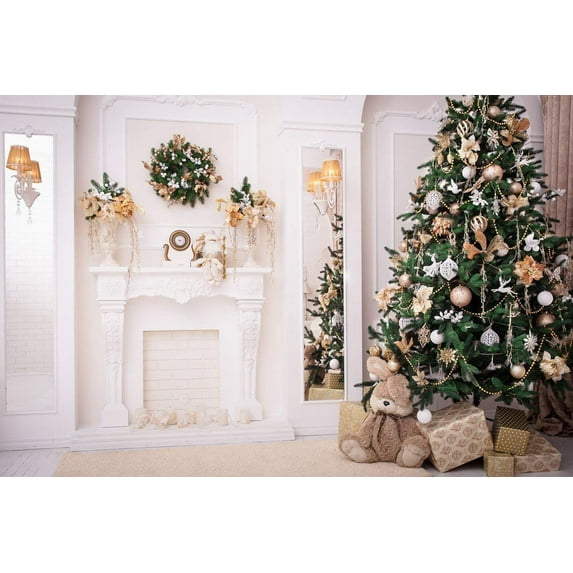ABPHOTO Polyester 7x5ft Photography Backdrop Christmas Living Room Fireplace Backdrop White Brick Photo Background Xmas Backdrops