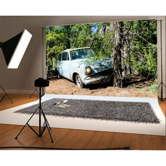 ABPHOTO Polyester 7x5ft Photography Backdrop Crushed Retro Car Forest Photo Background Backdrops for Photography Photo Shoots Party Adults Kids Wedding Personal Portrait Photo Studio Props