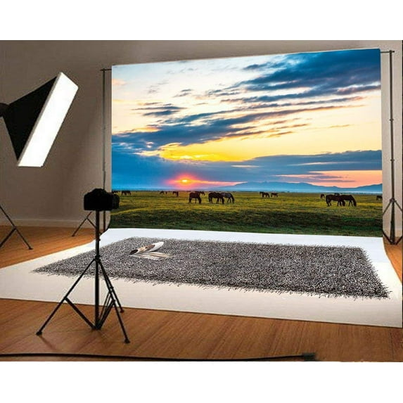 ABPHOTO Polyester 7x5ft Photography Backdrop Vast Grass Field Horse Group Sun Setting Backdrops for Photography Photo Shoots Party Newborn Kids Baby Personal Portrait Photo Background Studio Props