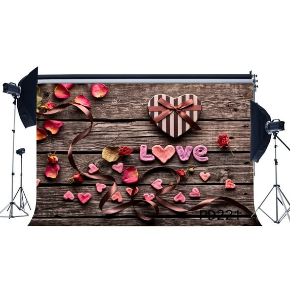 ABPHOTO Polyester 7x5ft Photography Backdrops Valentine's Day Love Hearts Gifts Vintage Wood Floor Semaless Newborn Baby Toddler Wedding Party Event Lover Portraits Background Photo Studio Props