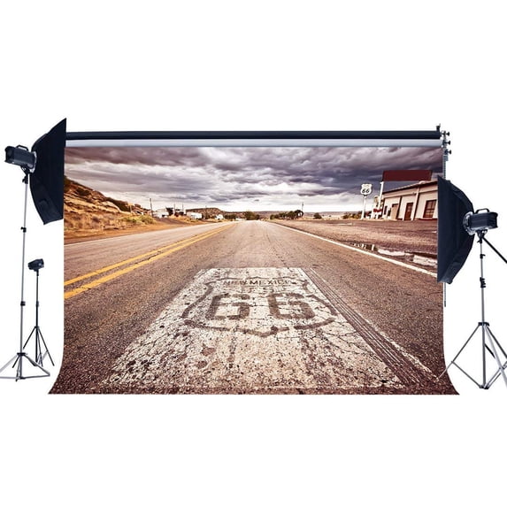ABPHOTO Polyester 7x5ft Route 66 Backdrop American West Cowboy Backdrops Rustic Highway White Cloud Nature Landscape Photography Background for Kids Baby Outdoor Picnic Hiking Photo Studio Props