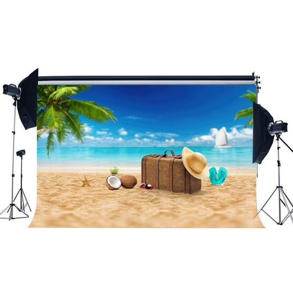 ABPHOTO Polyester 7x5ft Sand Beach Backdrop Seaside Shabby Suitcase Straw Hat Coconut Palm Sailboat Blue Sky White Cloud Summer Ocean Sailing Photography Background Girls Lover Photo Studio Props