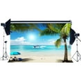thumbnail image 1 of ABPHOTO Polyester 7x5ft Seaside Sand Beach Backdrop Ship Coconut Palm Sunshade Shell Blue Sky White Cloud Nature Summer Journey Ocean Sailing Photography Background Kids Adults Photo Studio Props, 1 of 3