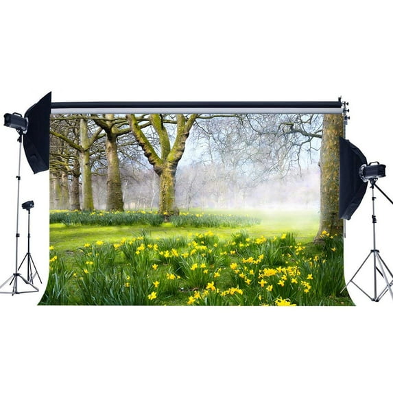 ABPHOTO Polyester 7x5ft Spring Backdrop Jungle Forest Backdrops Old Trees Green Grass Meadow Fresh Ywllow Flowers Nature Photography Background for Girls Lover Outdoor Wedding Photo Studio Props