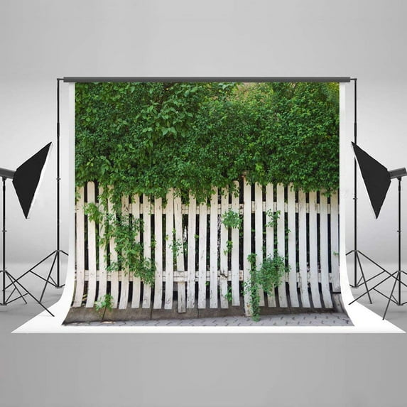 ABPHOTO Polyester 7x5ft Spring Photography Backdrop Green Trees Photo Backdrops White Barrier Photography Backgrounds for Studios