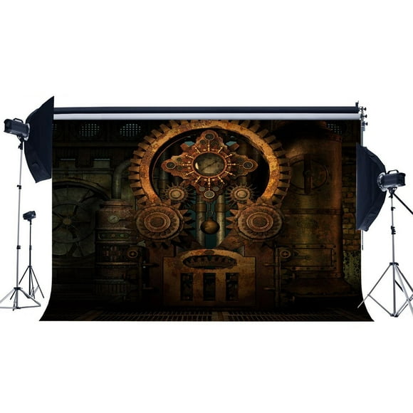 ABPHOTO Polyester 7x5ft Steampunk Backdrop Vintage Metal Gears Ancient Clock Industrial Rustic Brick Wall Gloomy Grunge Wallpaper Photography Background Adults Photo Studio Props