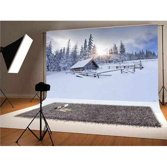ABPHOTO Polyester 7x5ft Sunset Snow Forests Cabins Photography Backdrop Winter Photo Background