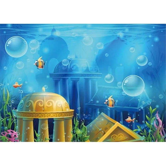 ABPHOTO Polyester 7x5ft Undersea World Backdrop Golden Castle Bubble Blue Sea Backdrops for Photography Fish Plants Summer Ocean Photo Background Kids Adults Portraits Studio Props