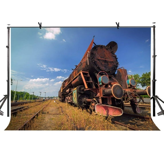 ABPHOTO Polyester 7x5ft Vintage Train Backdrop Blue Sky White Clouds Retro Jet Train Photography Background and Studio Photography Backdrop Props