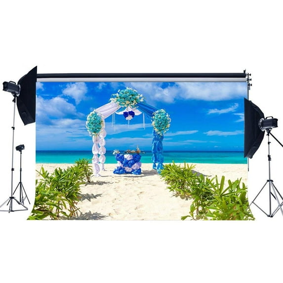 ABPHOTO Polyester 7x5ft Wedding Decoration Backdrop Seaside Sand Beach Backdrops Green Plants Fresh Flowers Arch Table Curtain Photography Background for Lover Bride Summer Party Photo Studio Props