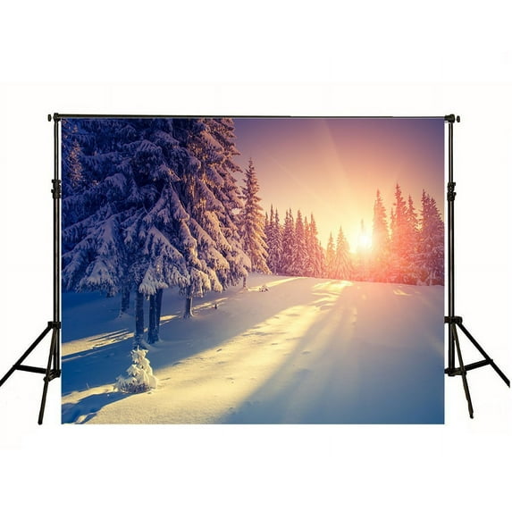 ABPHOTO Polyester 7x5ft White Snow Forest Sunset Christmas Photography Backdrop Photo Studio Background