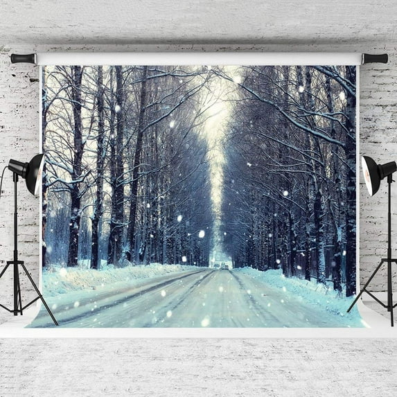 ABPHOTO Polyester 7x5ft Winter Photography Backdrop Retro Dark Tree Bright Sky Background for Photo White Snow Road Studio Backdrops