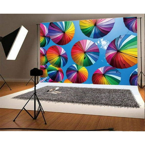 ABPHOTO Polyester 7x5ft Photography Backdrop Rainbow Umbrella on Sky Photo Background Backdrops for Photography Photo Shoots Party Adults Kids Wedding Personal Portrait Photo Studio Props