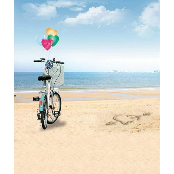 ABPHOTO Polyester Beach Sea Bicycle Heart Balloon Photography Backdrops Photo Props Studio Background 5x7ft