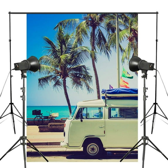 ABPHOTO Polyester Beautiful Vacation-van Seaside Scenery Photography Background Coconut Tree Backdrop Photo Studio Background Props Wall 5x7ft Room Mural