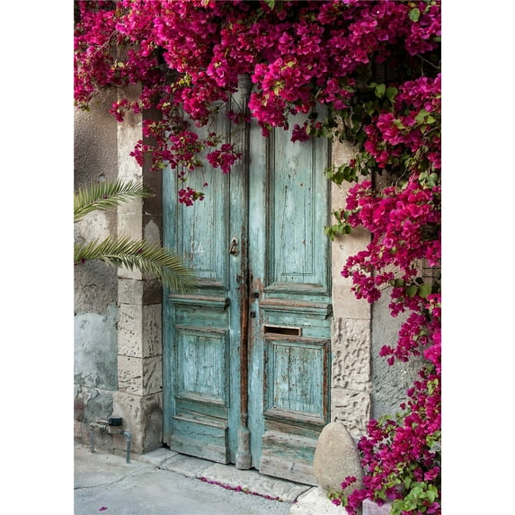 ABPHOTO Polyester Blue Wood Door Photography Backdrops Nature Flowers Backgrounds for Wedding Photo Background 5x7ft