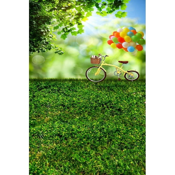 ABPHOTO Polyester Bokeh Bubble Air Green Grass Land Field Bicycle Camping Scenery Baby Kids Portrait Studio Props 5x7ft Photography Backdrops