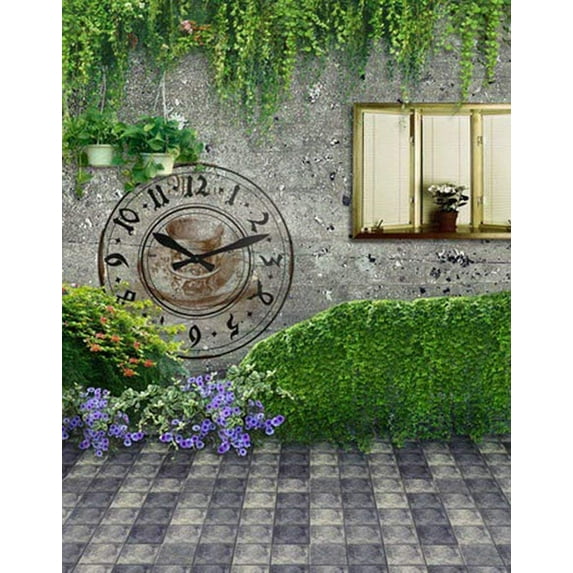 ABPHOTO Polyester Brick Floor Vintage Wall Clock Purple Flower Photography Backdrops Photo Props Studio Background 5x7ft