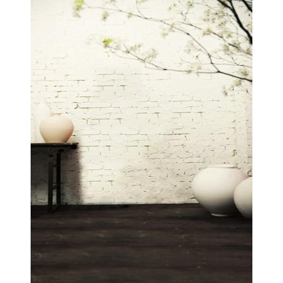 ABPHOTO Polyester Brick Wall Tree Earthen Jar Photography Backdrops Photo Props Studio Background 5x7ft