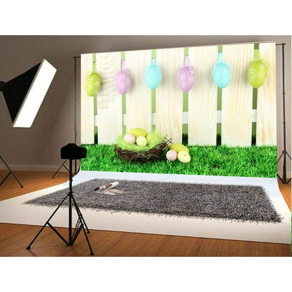 ABPHOTO Polyester Easter Photography Backdrop White Wood Fence Colorful Eggs Background Backdrop Photo Booth Prop for Parties 7x5ft