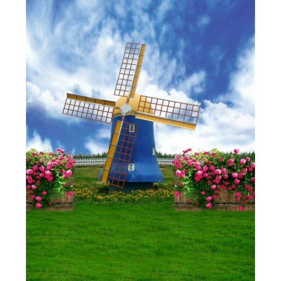 ABPHOTO Polyester Green Land Field Sky White Clouds Windmill Nature Scenery Landscape 5x7ft Photography Backdrops Photo Backgrounds Wall Mural