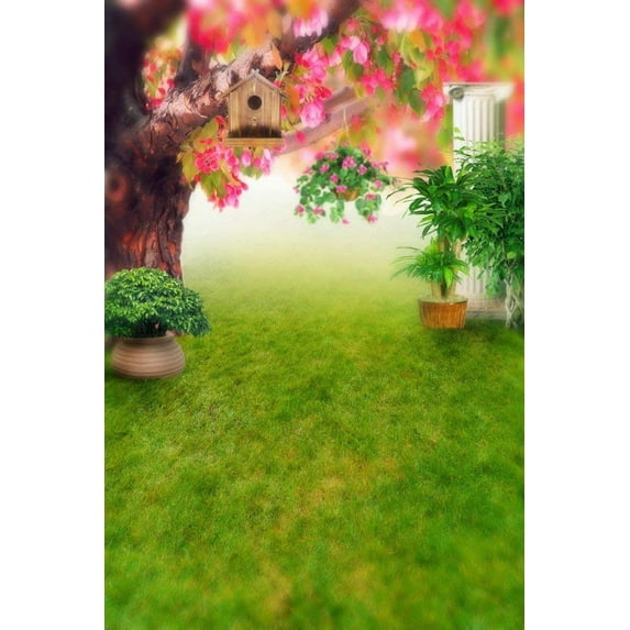 ABPHOTO Polyester Green Tree Bird House Green Grass Garden Mural Cloth 5x7ft Studio Photography Backdrops