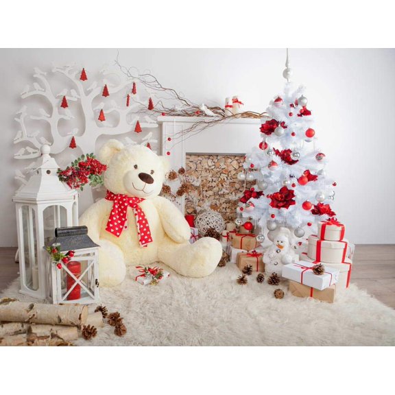 ABPHOTO Polyester Horizontal Photography Backdrop White Christmas Tree with Silver Red Balls Flowers Big Toy Bear Children Kids Photo Studio Background 7x5ft