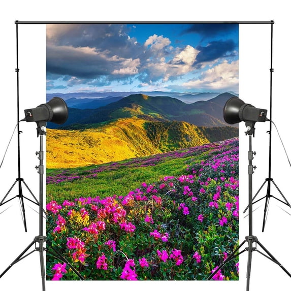 ABPHOTO Polyester Mountains Sky Grass Clouds Photography Background Azalea Scenery Backdrop Studio Props Wall Bedroom Photo Background 5x7ft