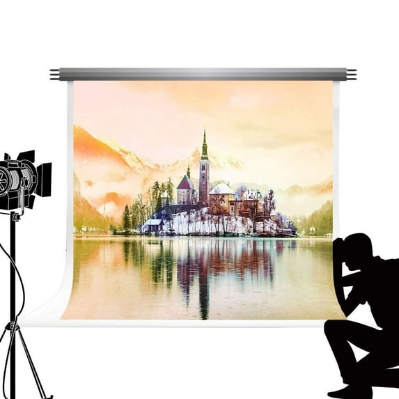 ABPHOTO Polyester Natural Scenic Backdrop for Photography Snow Mountain Riverside Achtergrond Fotoshoot Castle Background for Studio Photography 7x5ft