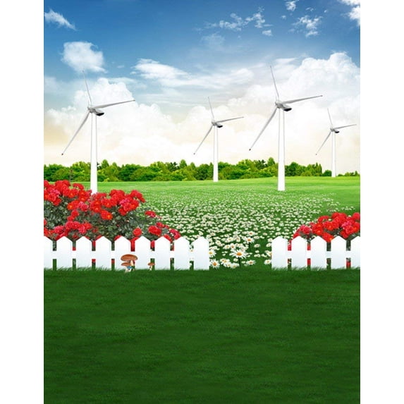 ABPHOTO Polyester Outdoor Green Grass Flower Land Field Blue Sky White Clouds Sky Landscape Scenery 5x7ft Photography Backdrops Picture Backgrounds Studio Props