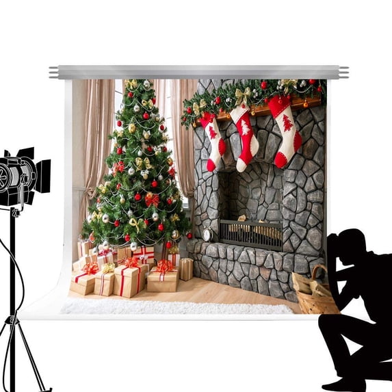 ABPHOTO Polyester Photo Background Fireplace Photocall Christmas Gifts Tree Backdrop for Studio X-mas Photography Family Photos 7x5ft